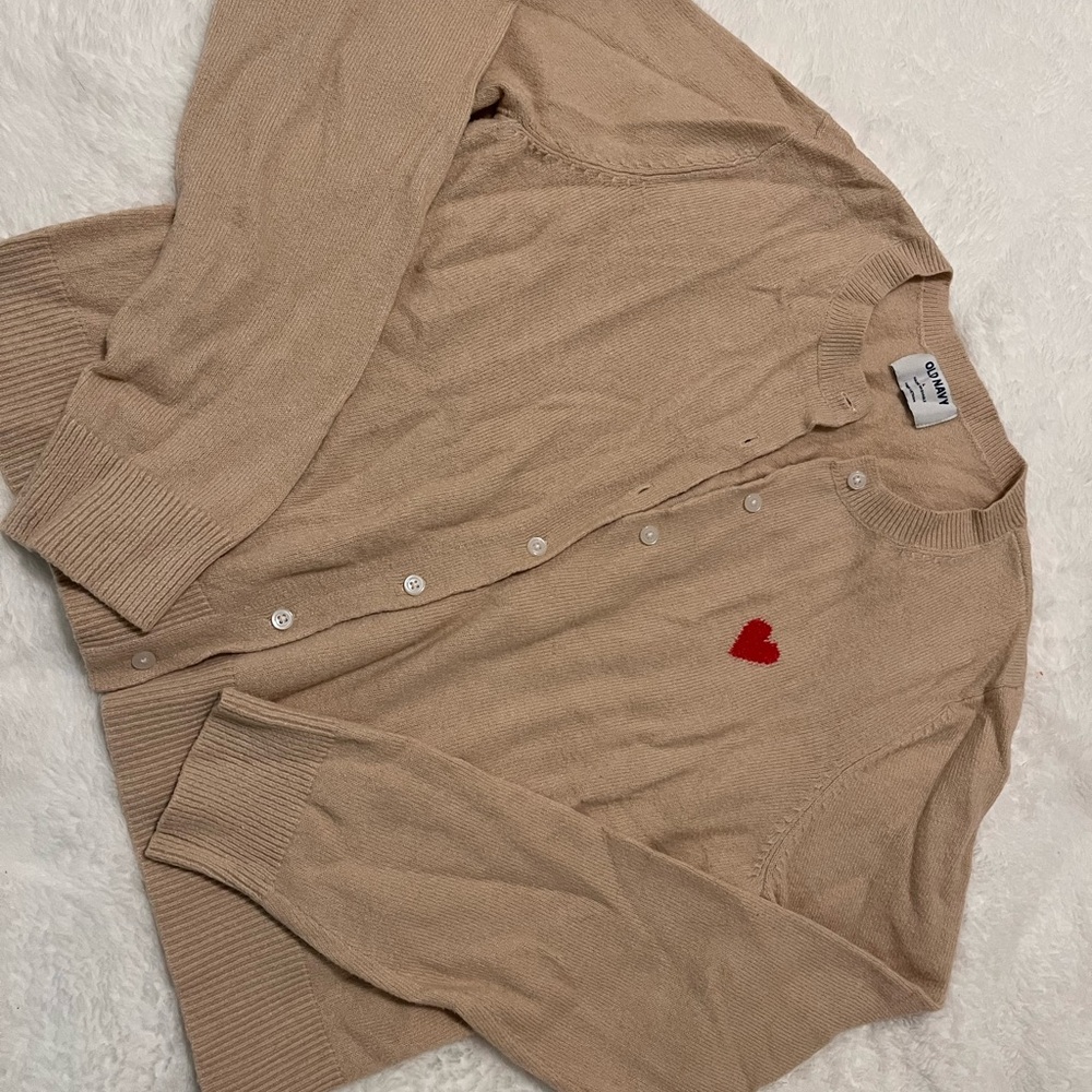 Old Navy Tan Cardigan with Red Heart
